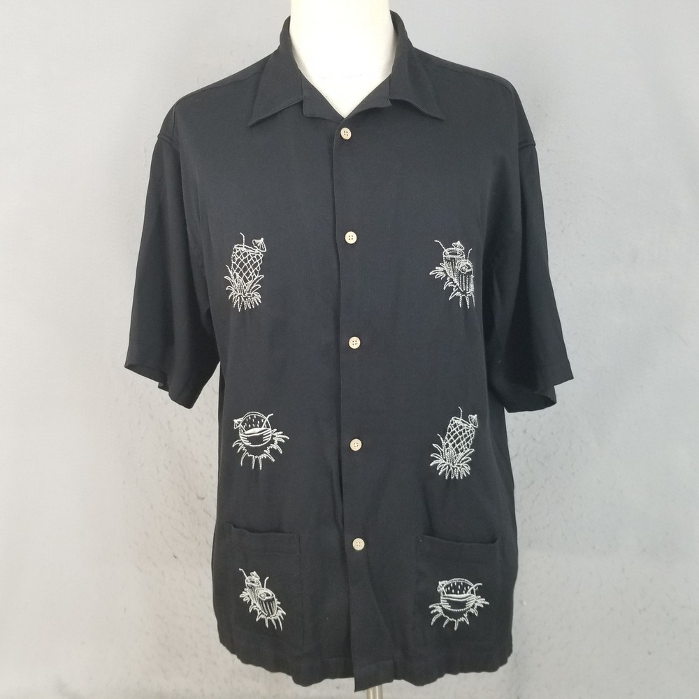 Monte Carlo Shirt Mens L Black Tropical Drink Embroidered Rayon Camp Pocket